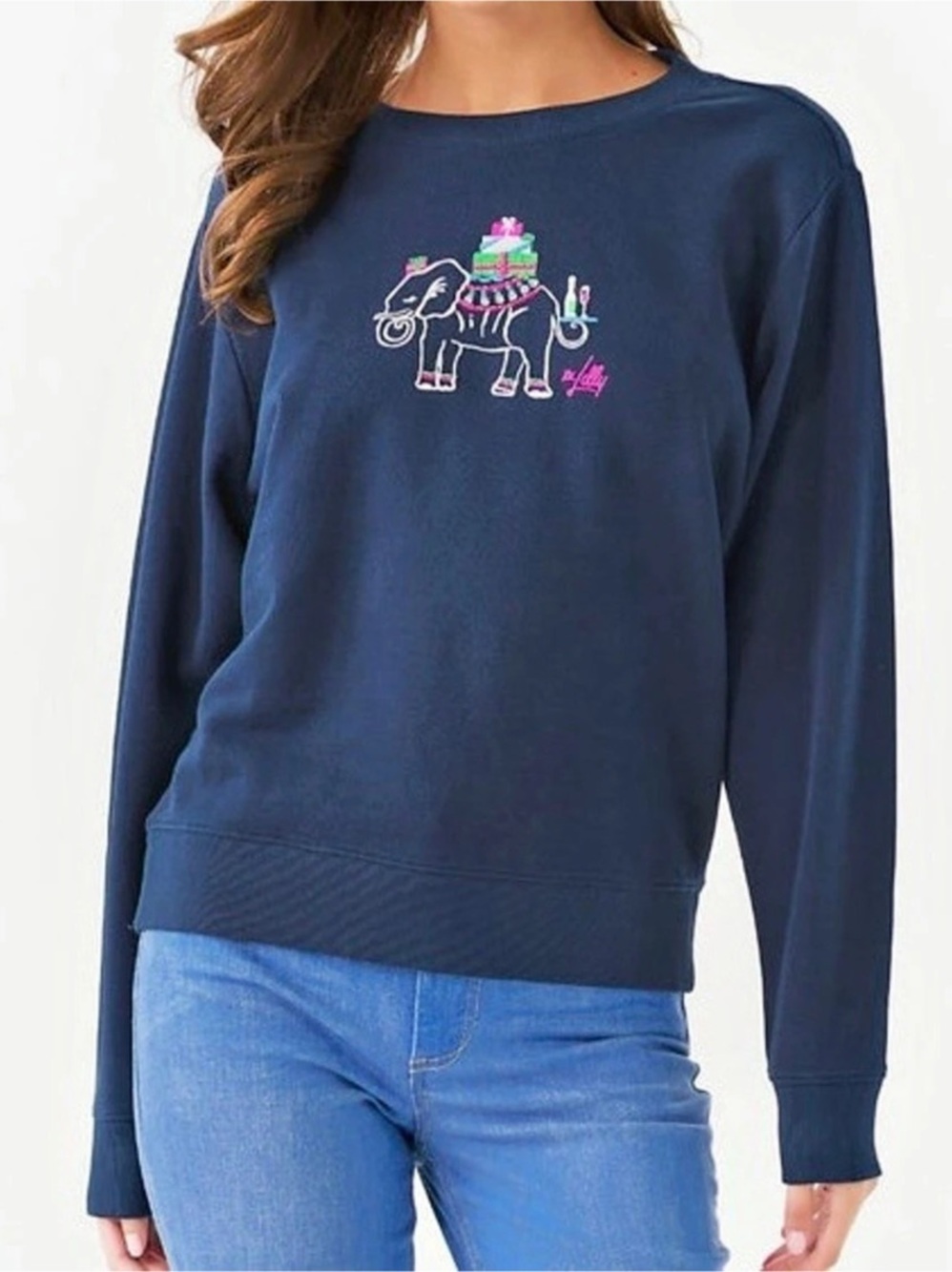 NWT Lilly Pulitzer Ballad Sweatshirt low tide navy holiday elephant, XS